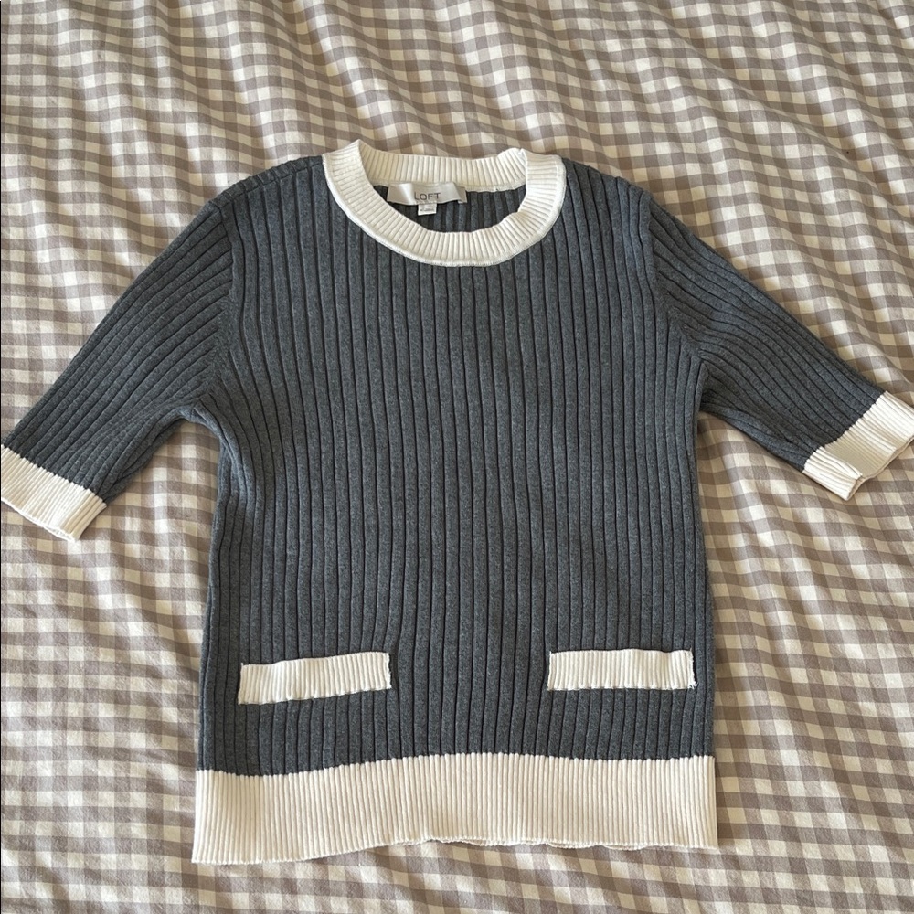 LOFT Cream and Gray Ribbed Knit Top